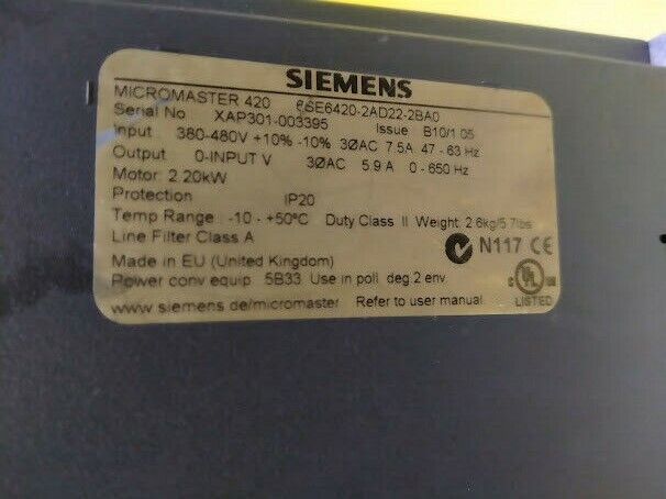 Siemens 6SE6420-2AD22-2BA0 Micromaster 420 issue B10/1.05 item no. 1790L063A - Image 2