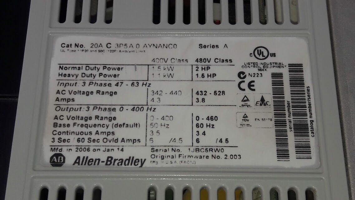 Allen-Bradley Power Flex 70 20AC3P5A0AYNANC0 Ser A Firmware 2.003 AC Drive ABFR - Image 5