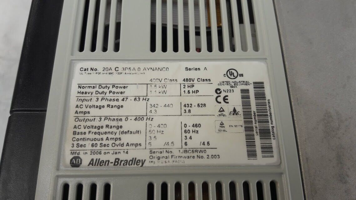 Allen-Bradley Power Flex 70 20AC3P5A0AYNANC0 Ser A Firmware 2.003 AC Drive ABFR - Image 4