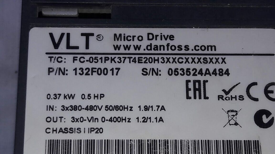 Danfoss P/n 132F0017 VLT Micro Drive Variable Drives FC-051PK37T4E20H3XXCXXXSXXX - Image 3