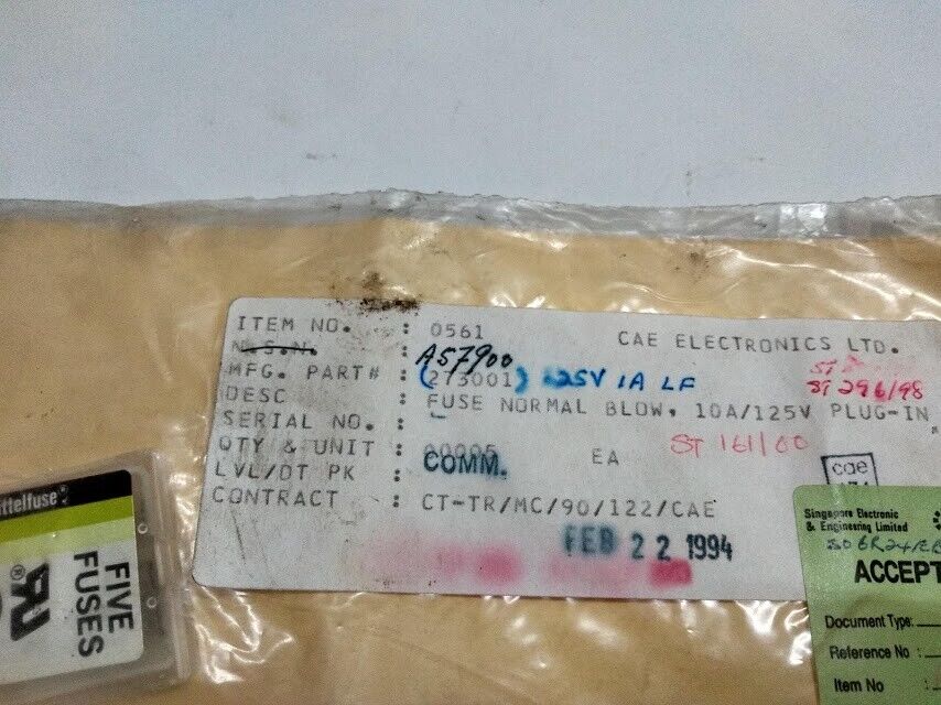 CAE Electronics LTD 273001 Fuse Normal Blow,10A/125V Plug-in T 273001 New - Image 3