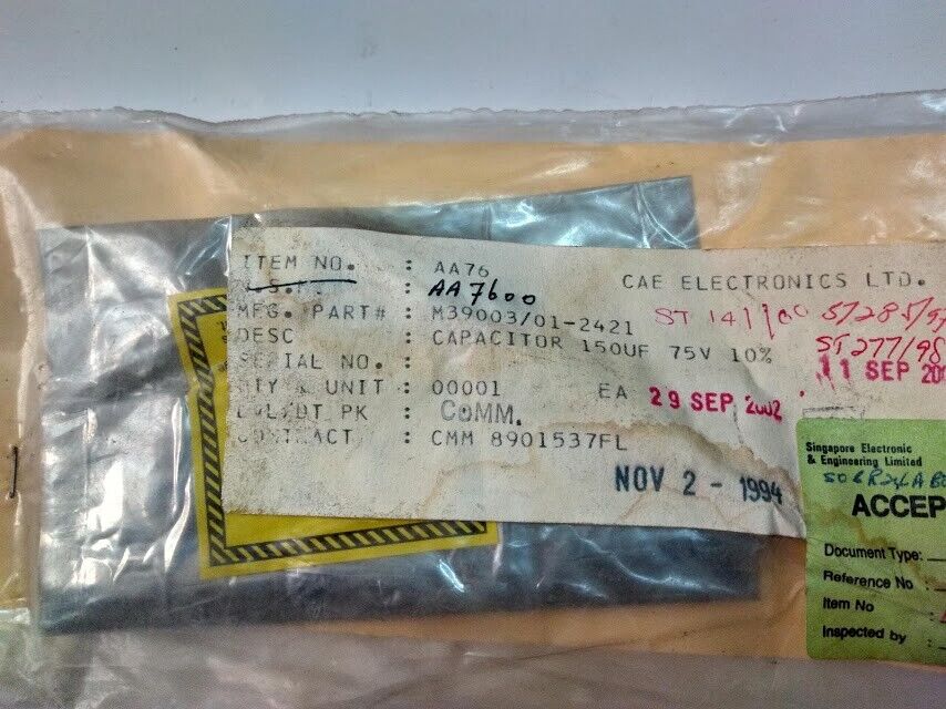 CAE Electronics LTD M39003/01-2421 Capacitor 150UF 75V 10% M39003012421 New - Image 2